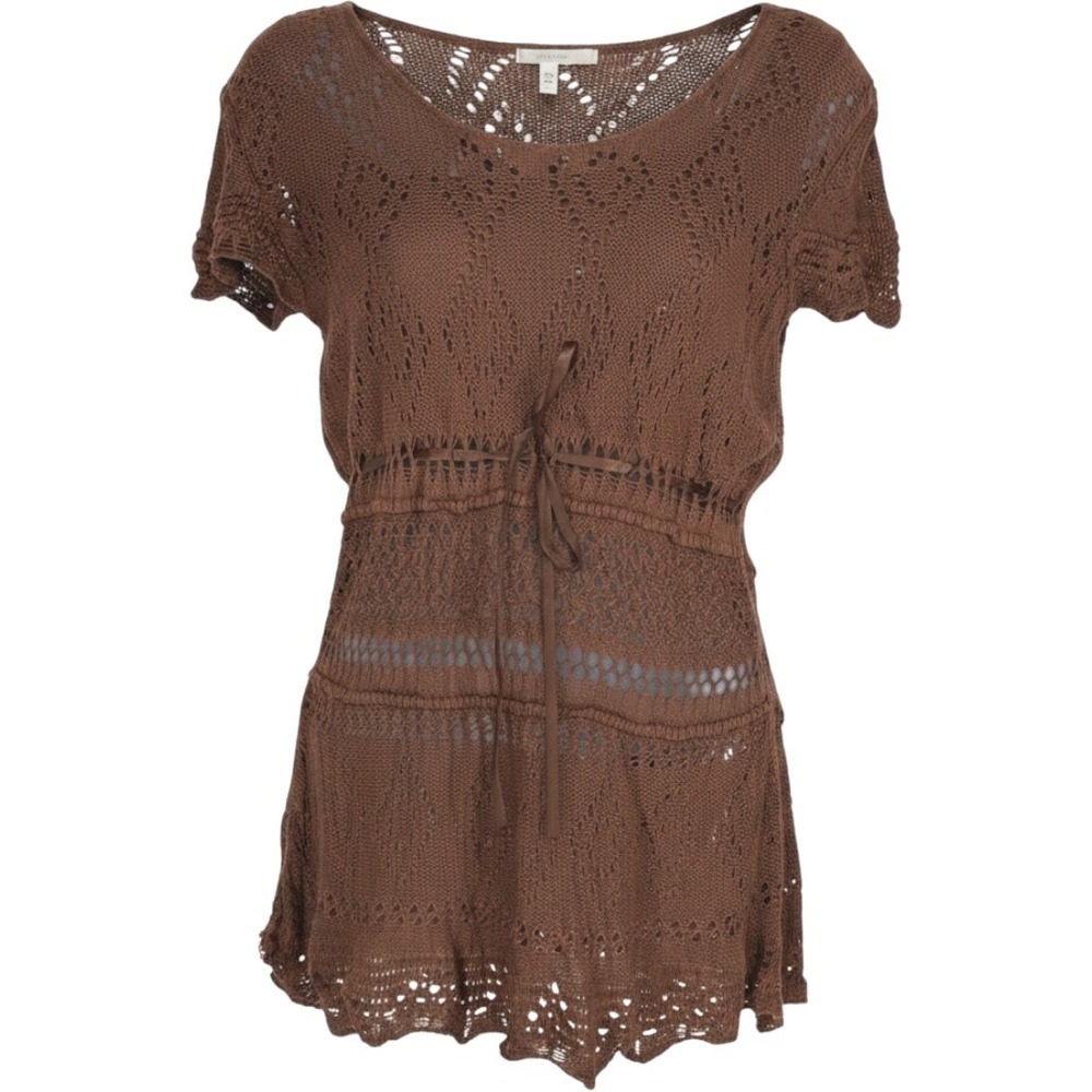 Faded Glory Vintage Pointelle Knit Babydoll Ribbon Top Size L Y2K Brown Earthy
